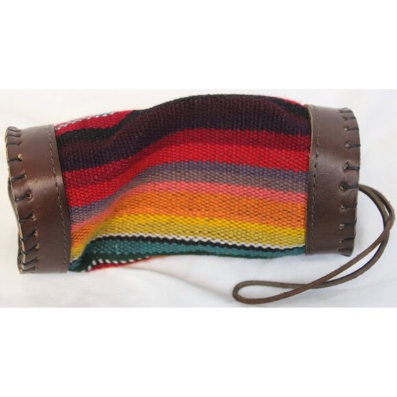 Peruvian Peru Pencil Stationary Case Round Woven Native Blanket Leather Pouch - Picture 2 of 8